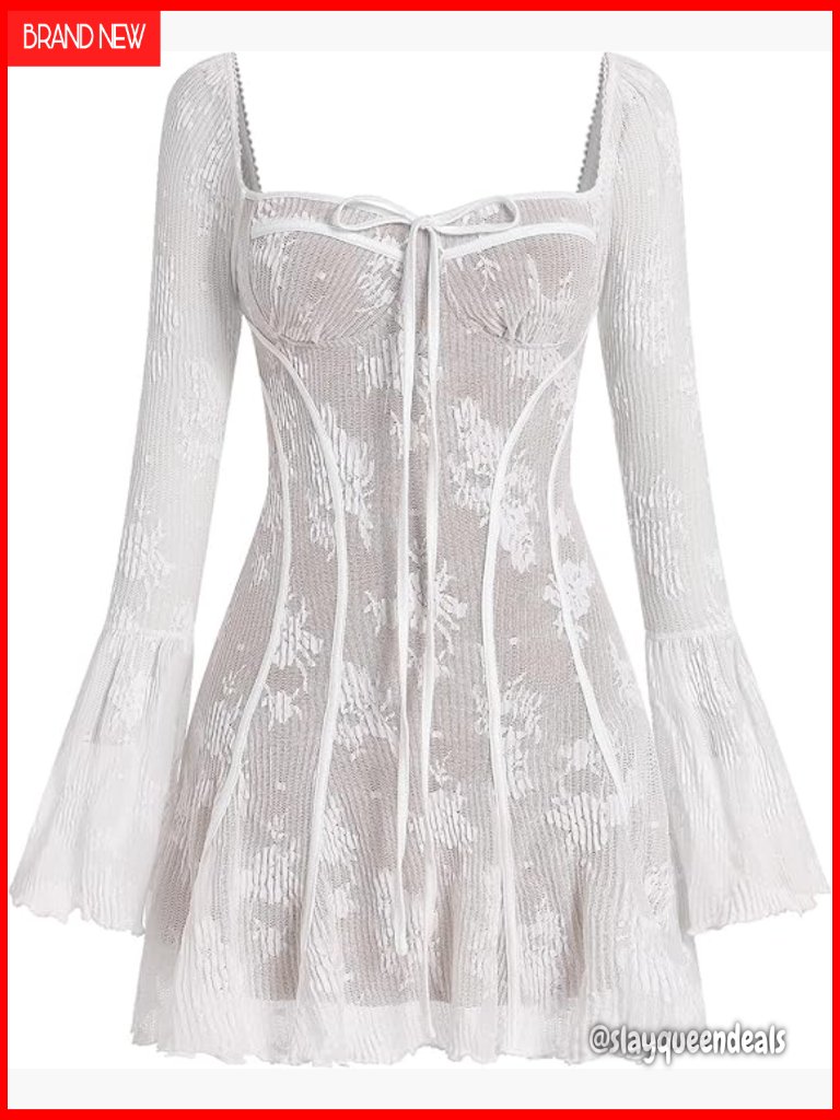 Vintage Corset Mini Dress Long Bell Sleeve Floral Lace A-Line Party Dress
